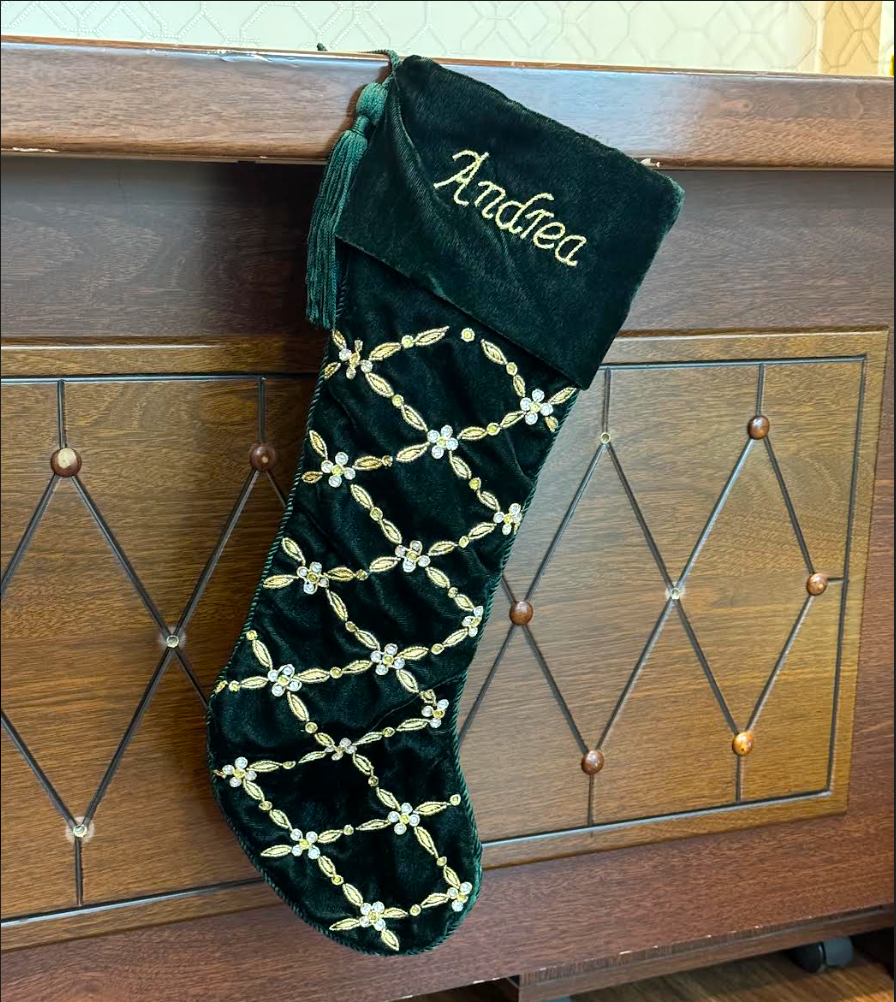 PERSONALISED CRISS CROSS PEARL LEAF GREEN CHRISTMAS STOCKING