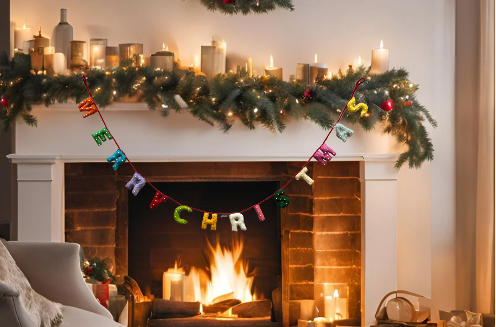 Merry Christmas Garland, Multicolor christmas garland 6'. Hand Felt wool, christmas mantle decorations, Felt garlands for Christmas