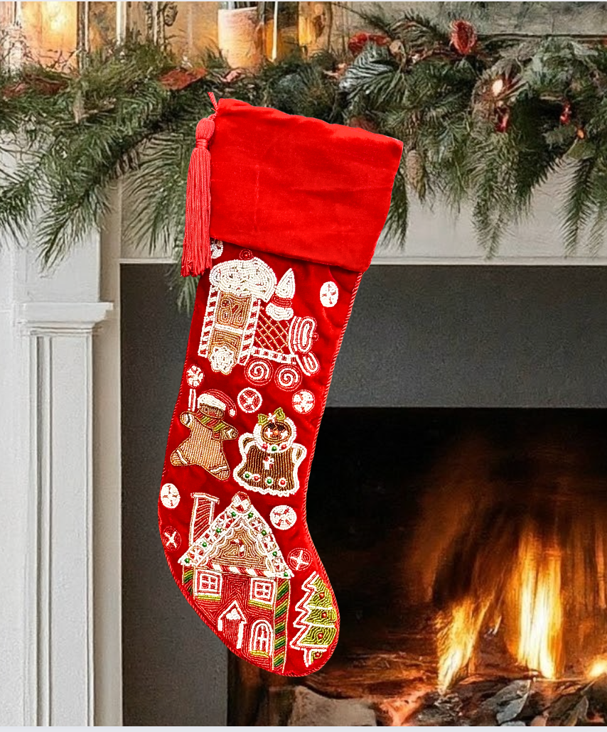 PERSONALISED GINGERBREAD RED VELVET CHRISTMAS STOCKING