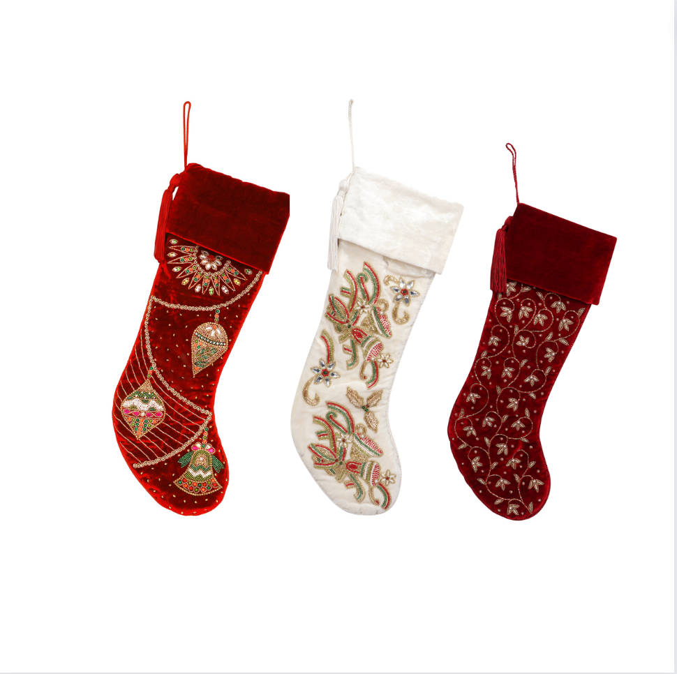 ORNAMENT, INTRICATE LEAF, BELL VELVET RED & WHITE 3 PIECE CHRISTMAS STOCKING SET