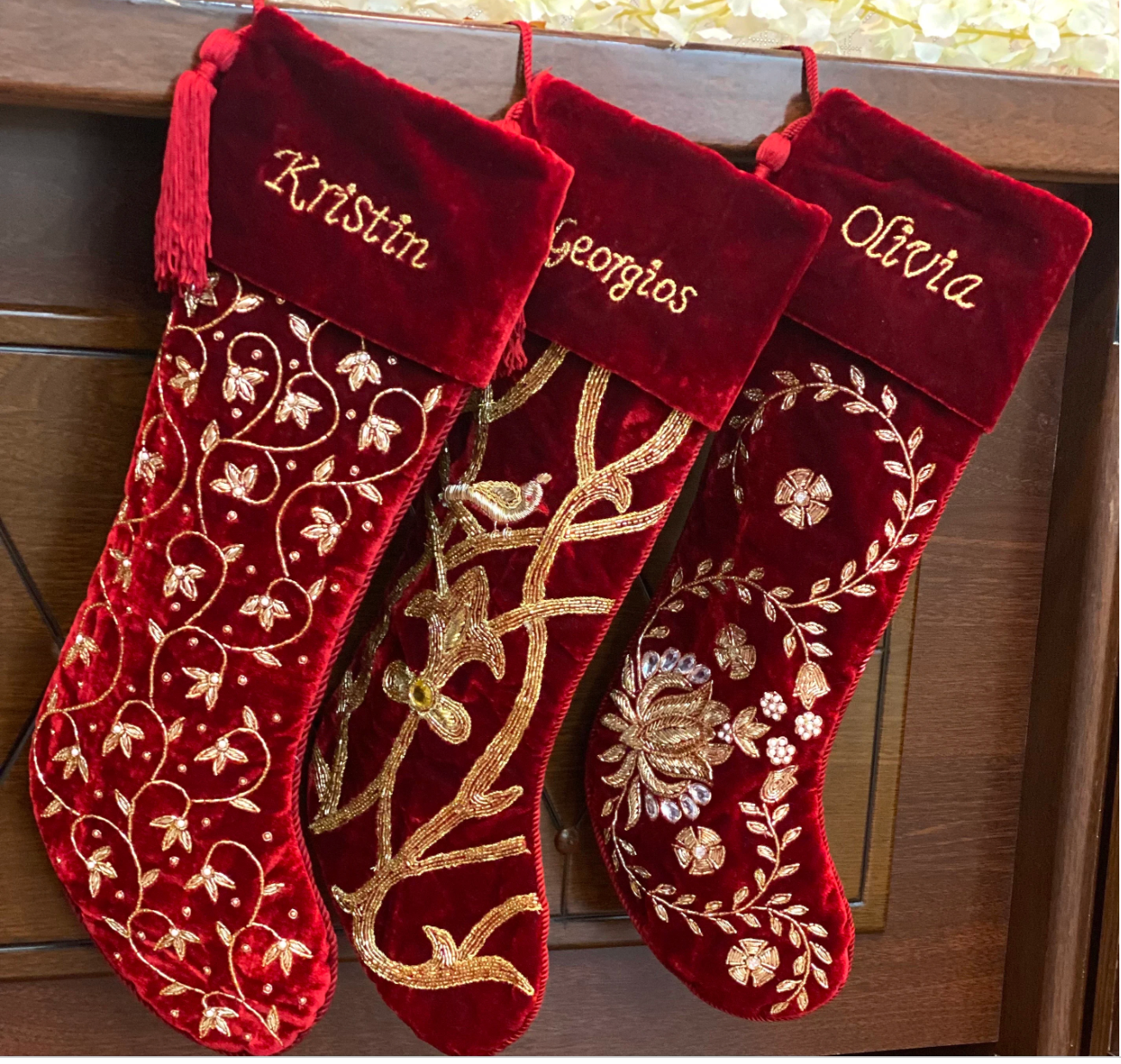 INTRICATE LEAF, BIRD AND LOTUS RED VELVET 3 PIECE CHRISTMAS STOCKING SET