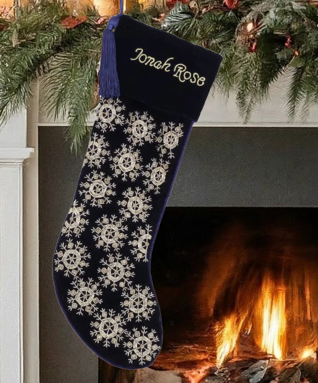 PERSONALISED BEADED SNOWFLAKE NAVY BLUE VELVET CHRISTMAS STOCKING
