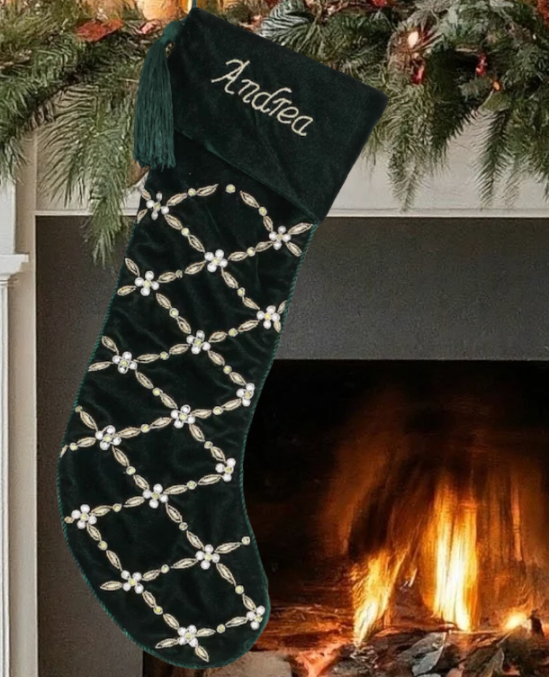 PERSONALISED CRISS CROSS PEARL LEAF GREEN CHRISTMAS STOCKING