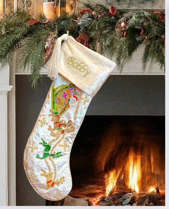 PERSONALISED SANTA CARRIAGE WHITE VELVET CHRISTMAS STOCKING