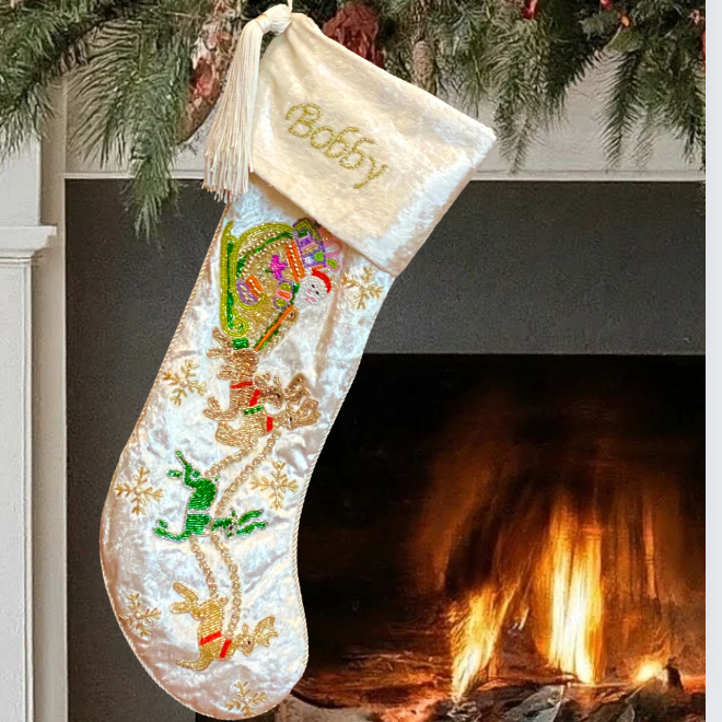 PERSONALISED SANTA CARRIAGE WHITE VELVET CHRISTMAS STOCKING