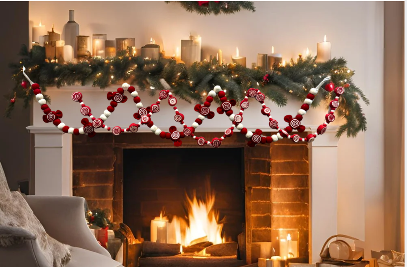 Christmas Candy Garland(set of 2 pcs) Red and white Candy christmas garland 6'. Hand Felt wool, christmas mantle decorations, Felt garlands for Christmas