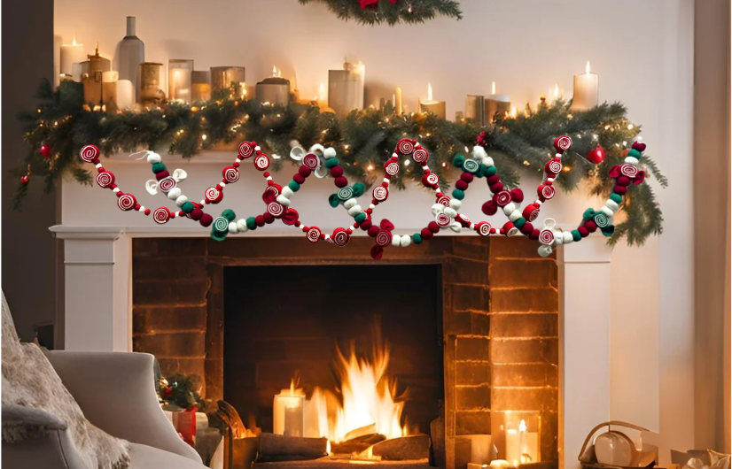 Christmas Candy Garland(set of 2 pcs) Red and white ,GreenCandy christmas garland 6'. Hand Felt wool, christmas mantle decorations, Felt garlands for Christmas