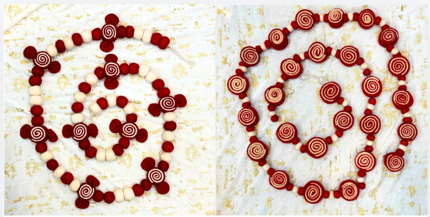 Christmas Candy Garland(set of 2 pcs) Red and white Candy christmas garland 6'. Hand Felt wool, christmas mantle decorations, Felt garlands for Christmas