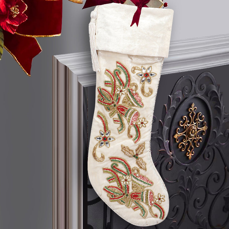 PERSONALISED CHRISTMAS BELLS EMBROIDED WHITE VELVET CHRISTMAS STOCKING
