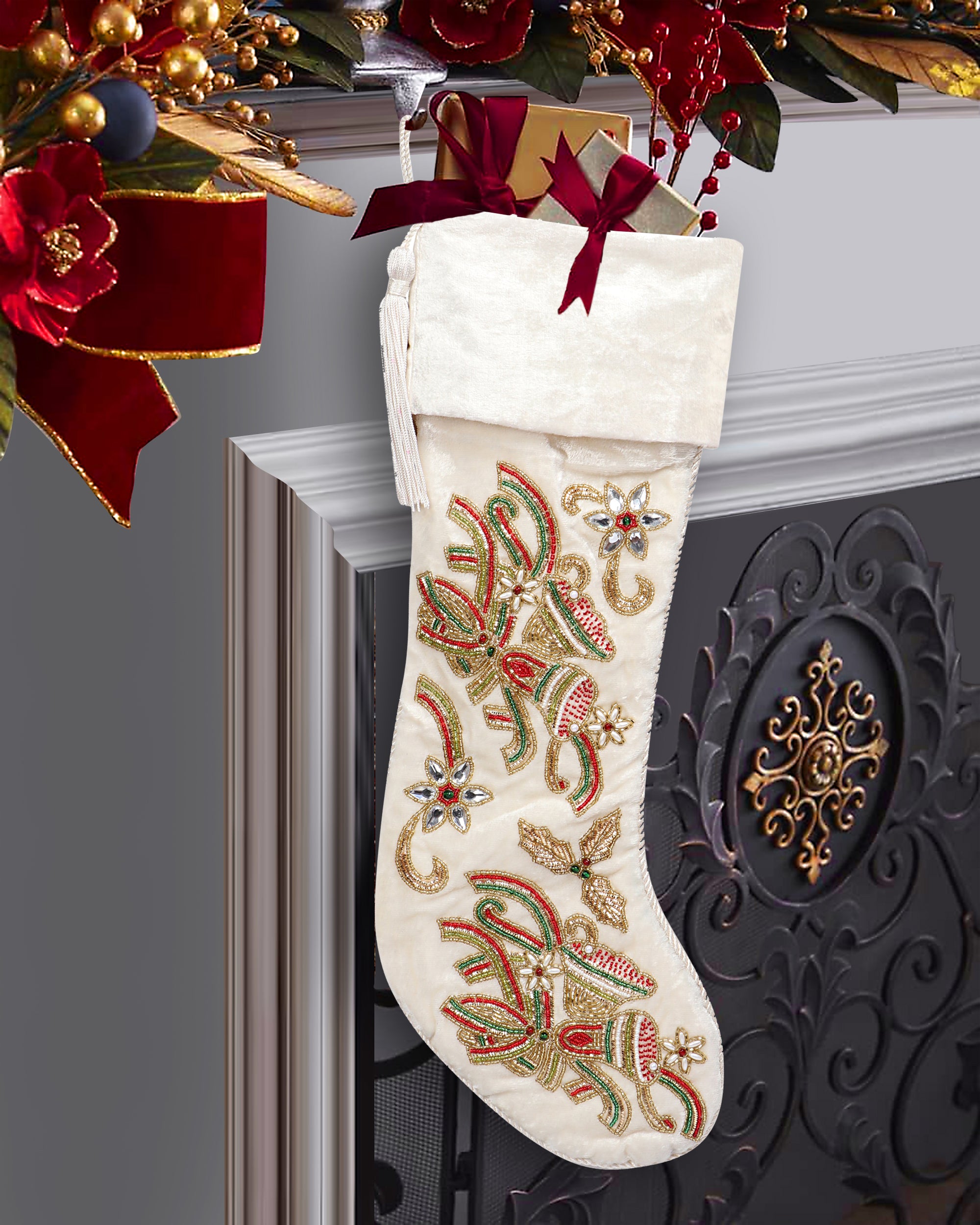 ORNAMENT, INTRICATE LEAF, BELL VELVET RED & WHITE 3 PIECE CHRISTMAS STOCKING SET