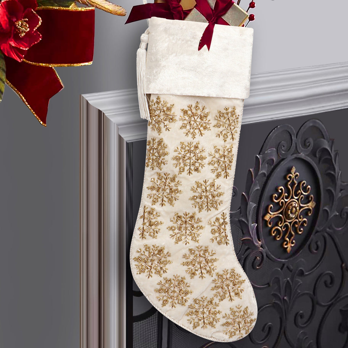 PERSONALISED BEADED SNOWFLAKE WHITE VELVET CHRISTMAS STOCKING