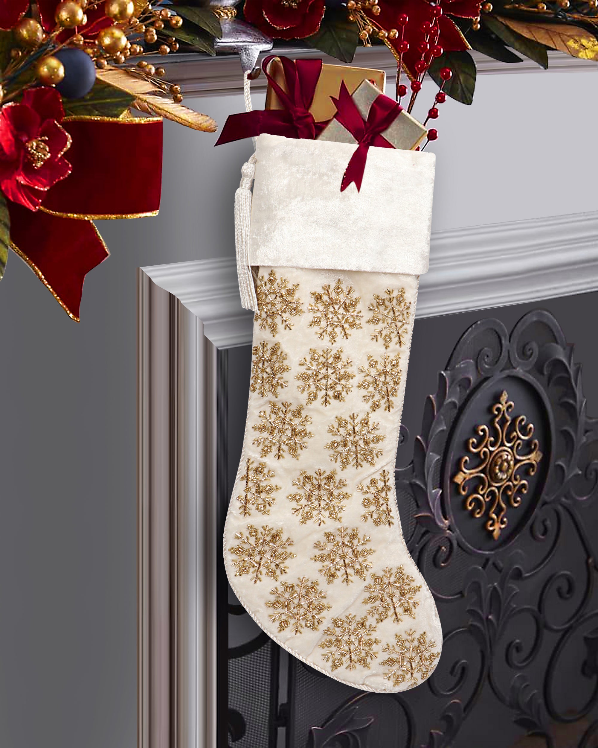 Beaded Snowflake White Velvet Christmas Tree Skirt & Matching Christmas Stocking Set