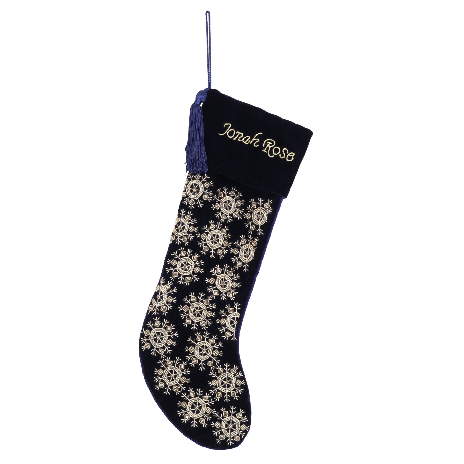 PERSONALISED BEADED SNOWFLAKE NAVY BLUE VELVET CHRISTMAS STOCKING