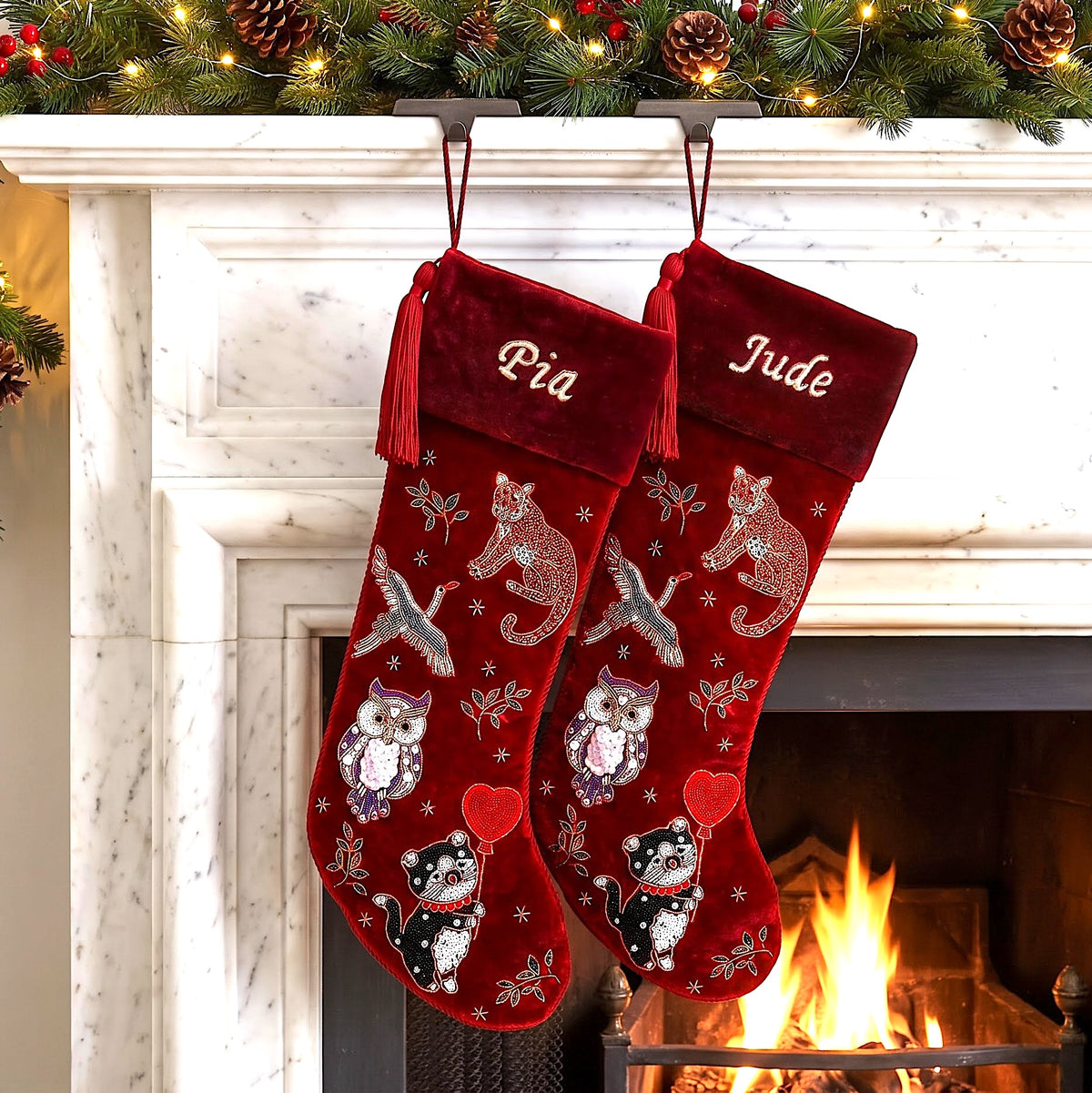 Personalized Beaded Animal Red Velvet Christmas Stocking