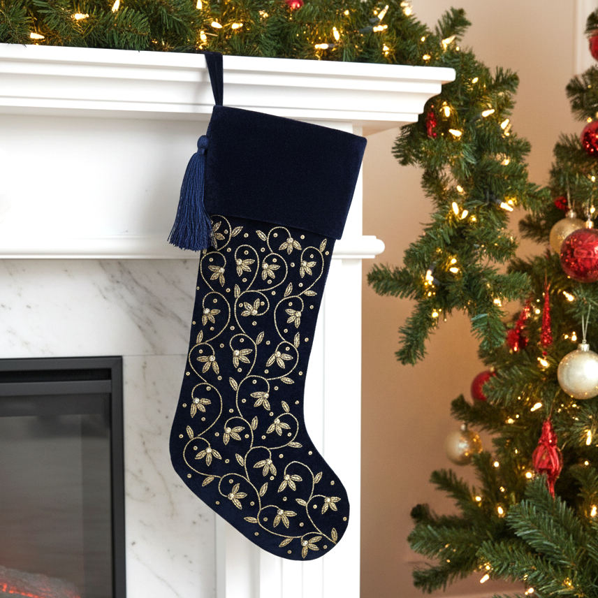 Personalised Intricate leaf Christmas Stocking- Navy Blue Velvet Christmas stocking Embroided with intricate leaf