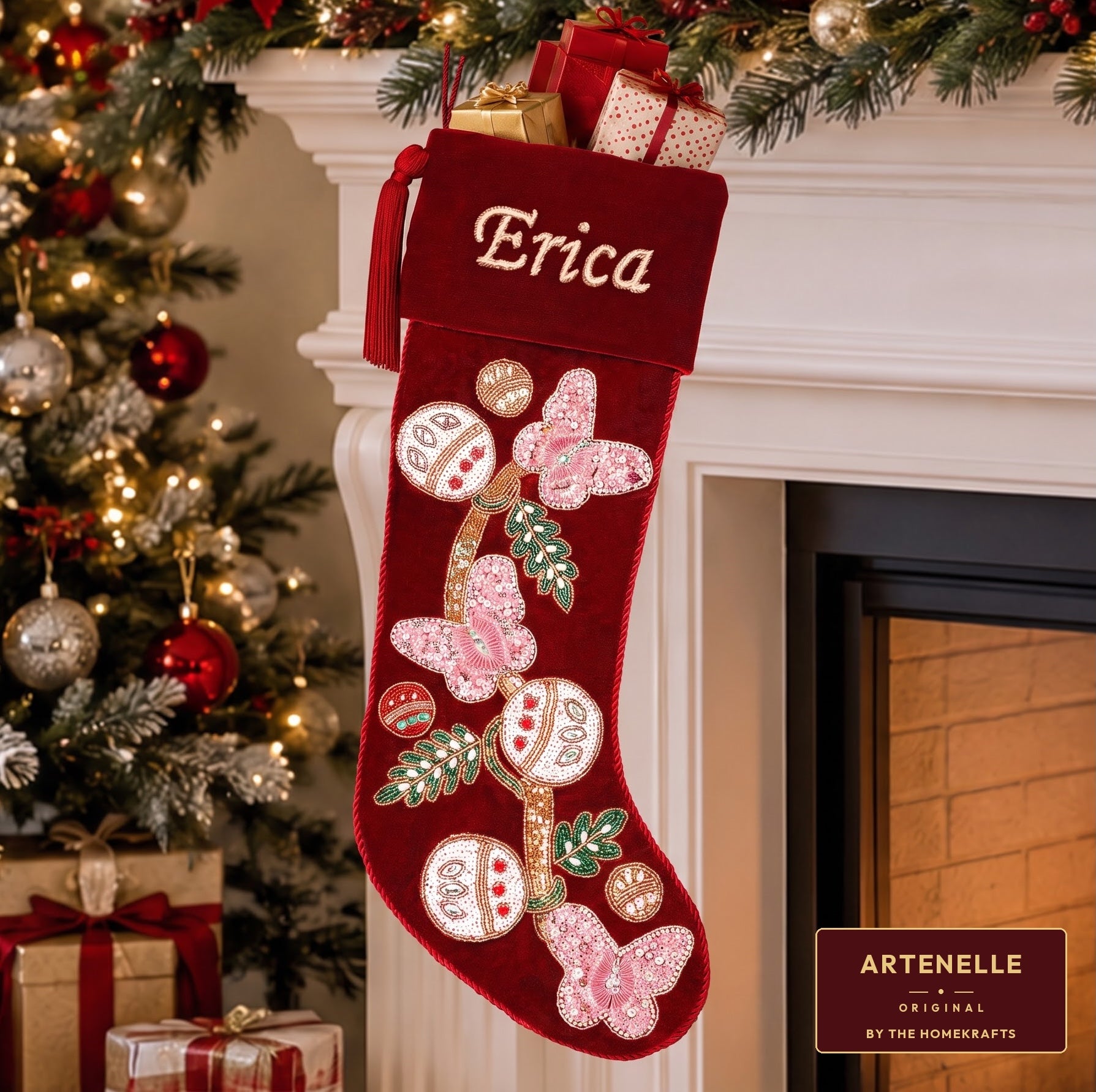 PERSONALISED Butterfly RED VELVET CHRISTMAS STOCKING