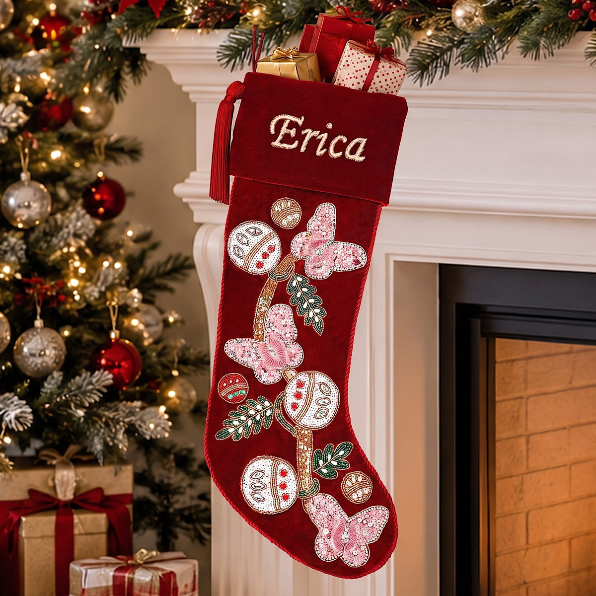 PERSONALISED Butterfly RED VELVET CHRISTMAS STOCKING