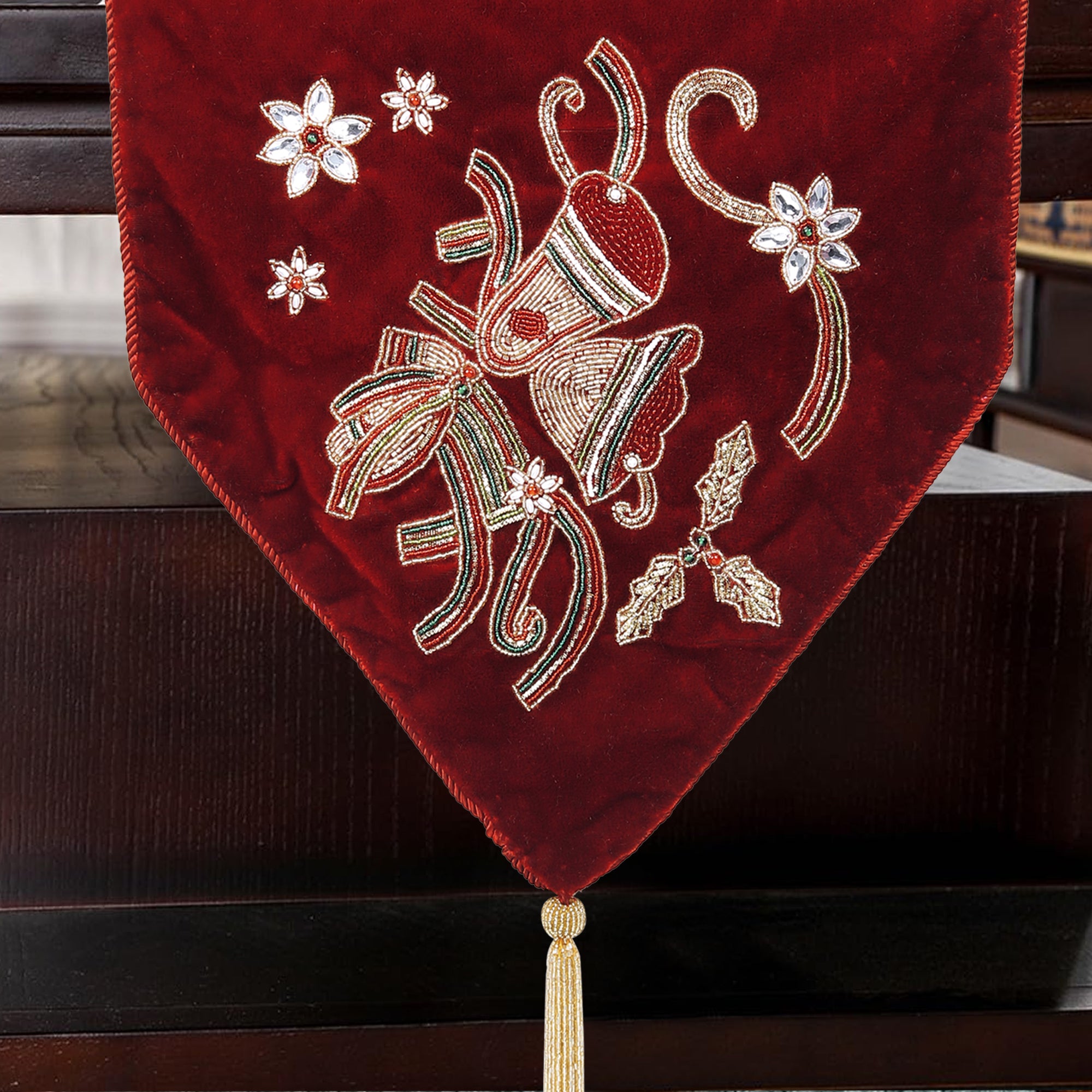 Red Velvet Christmas Runner with Christmas Bells