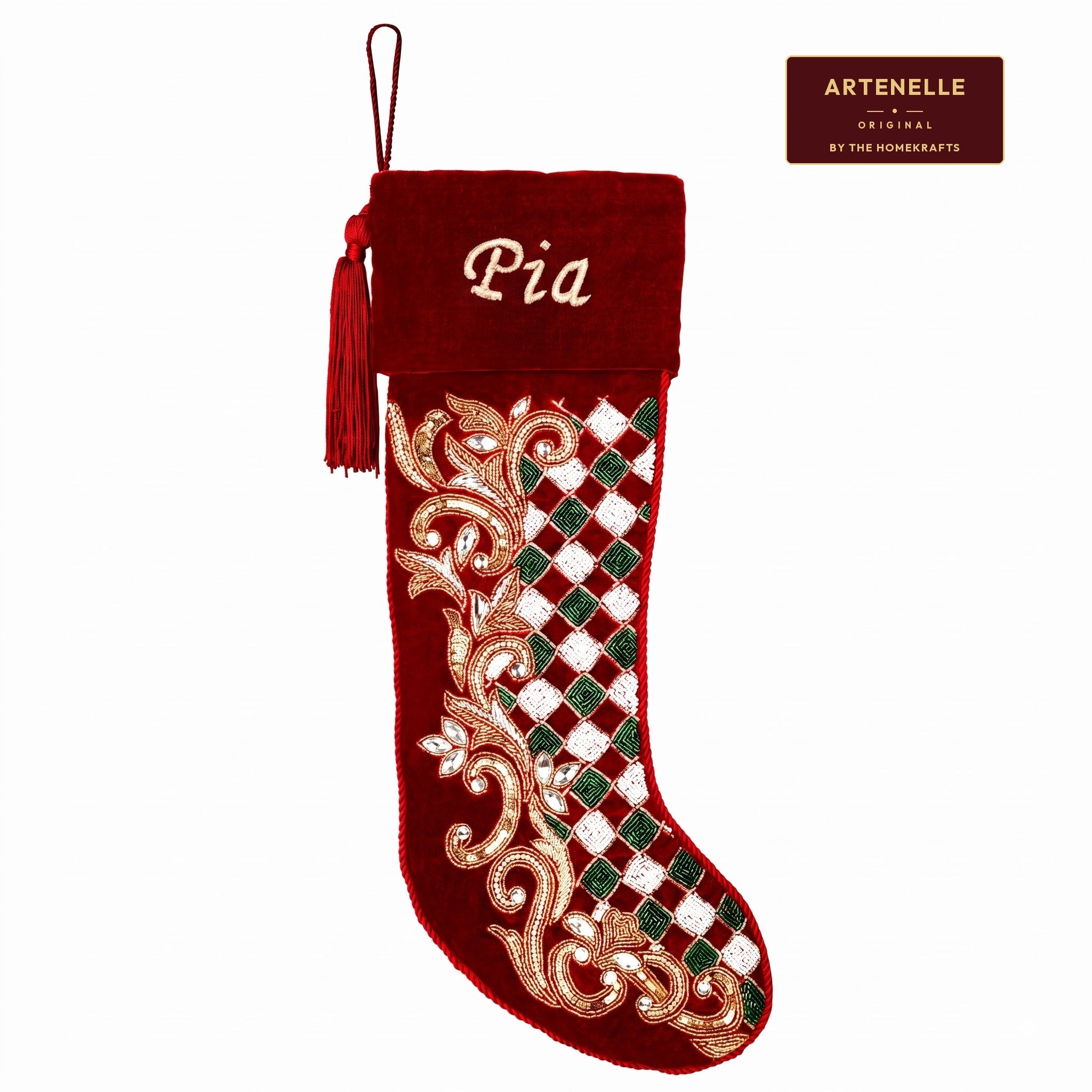 Personalized Holly leaves beaded Red Velvet Christmas stocking