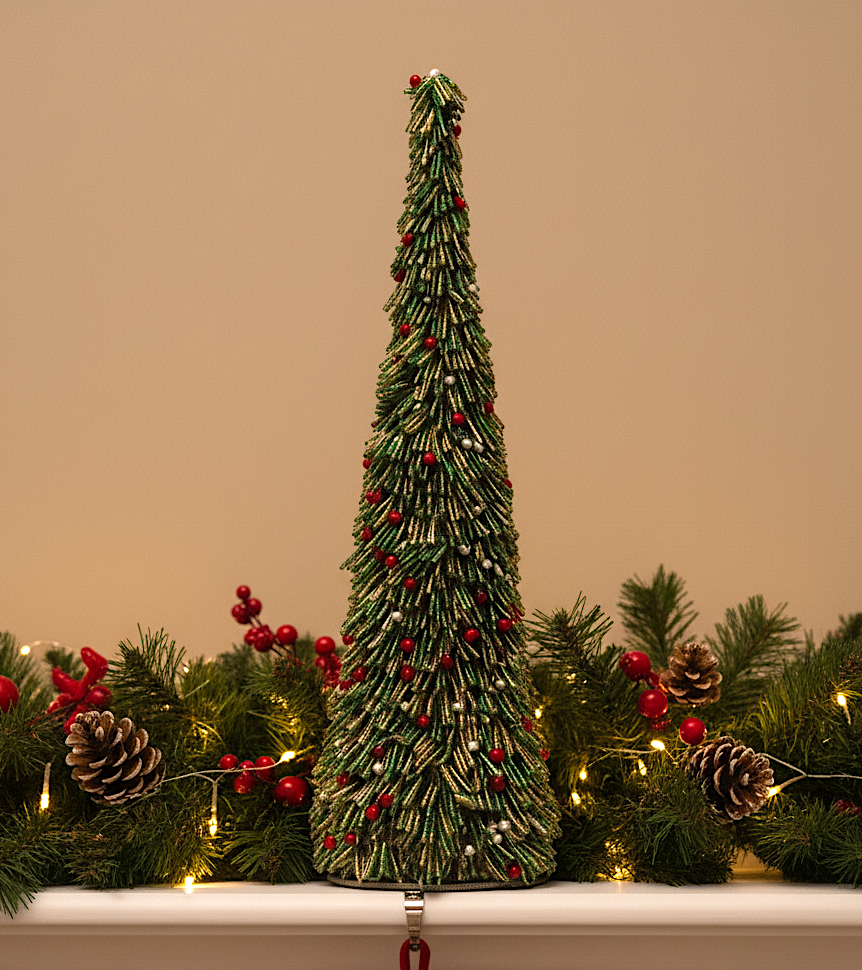 Christmas Cone 18" , green & Golden HANDMADE BEADED christmas cone