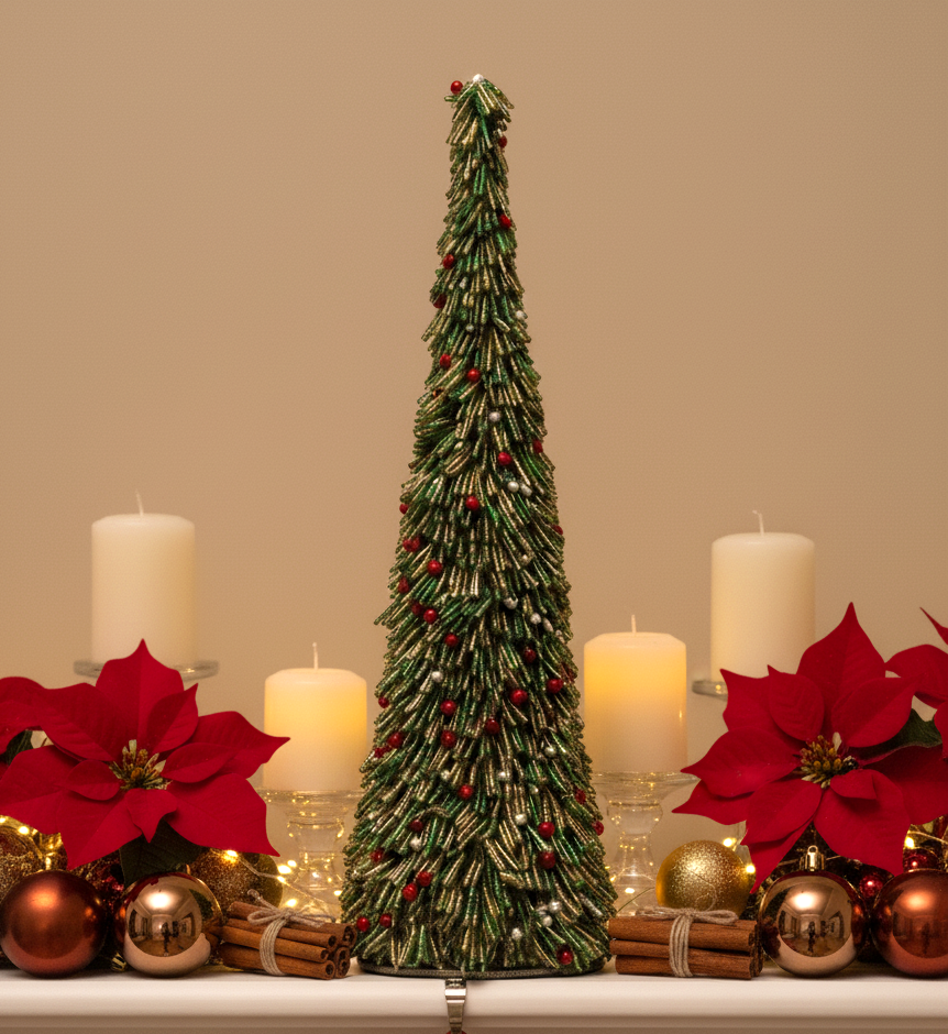 Christmas Cone 18" , green & Golden HANDMADE BEADED christmas cone