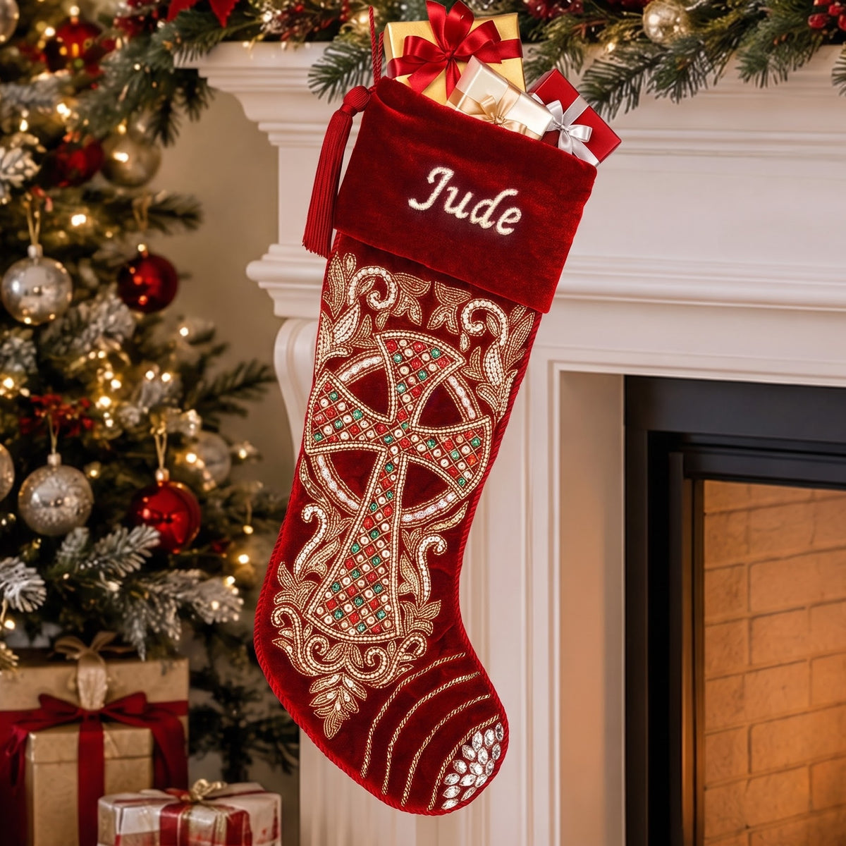 PERSONALISED Grand Cross Beaded Christmas stocking