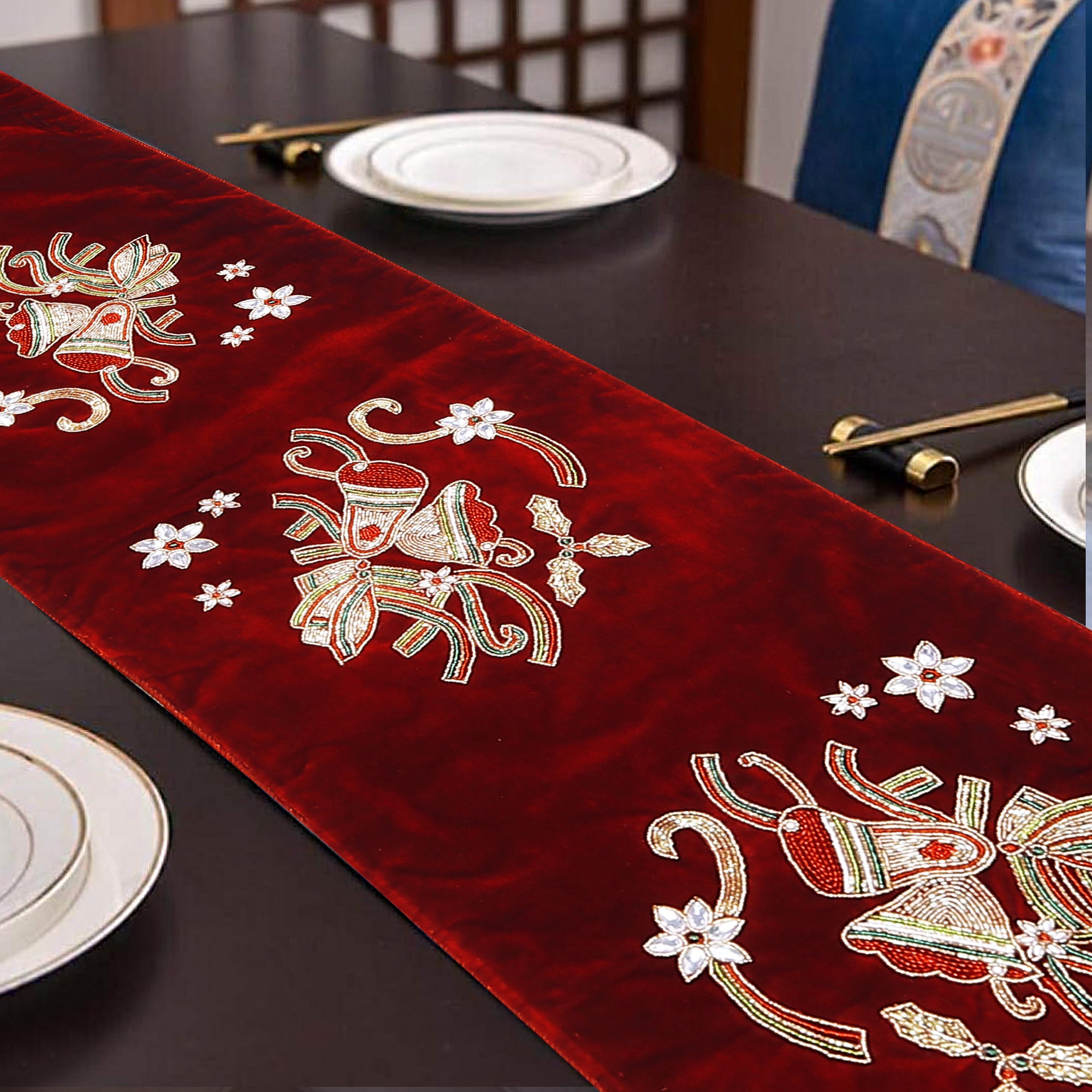 Red Velvet Christmas Runner with Christmas Bells