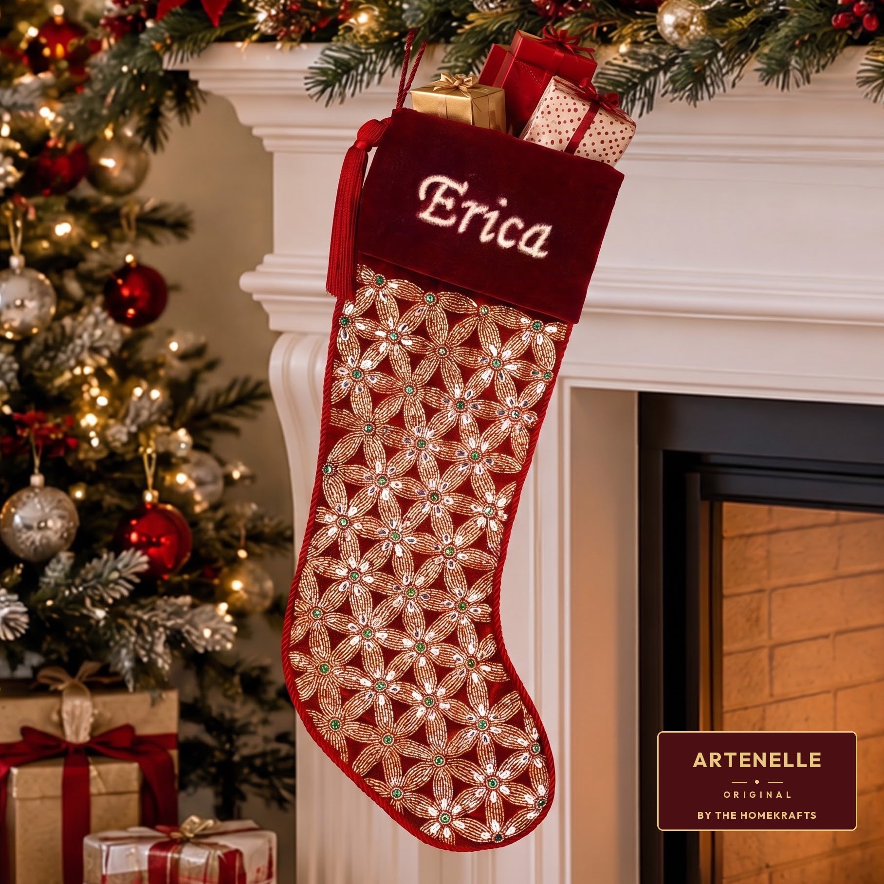 PERSONALISED Holiday Mosaic RED VELVET CHRISTMAS STOCKING