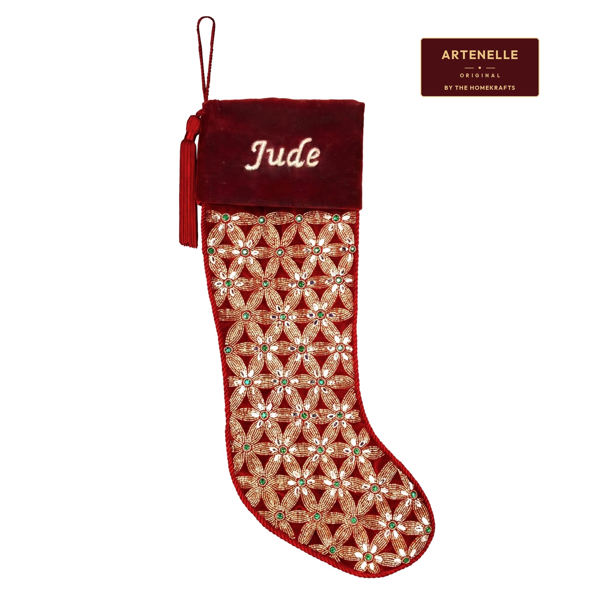 PERSONALISED Holiday Mosaic RED VELVET CHRISTMAS STOCKING