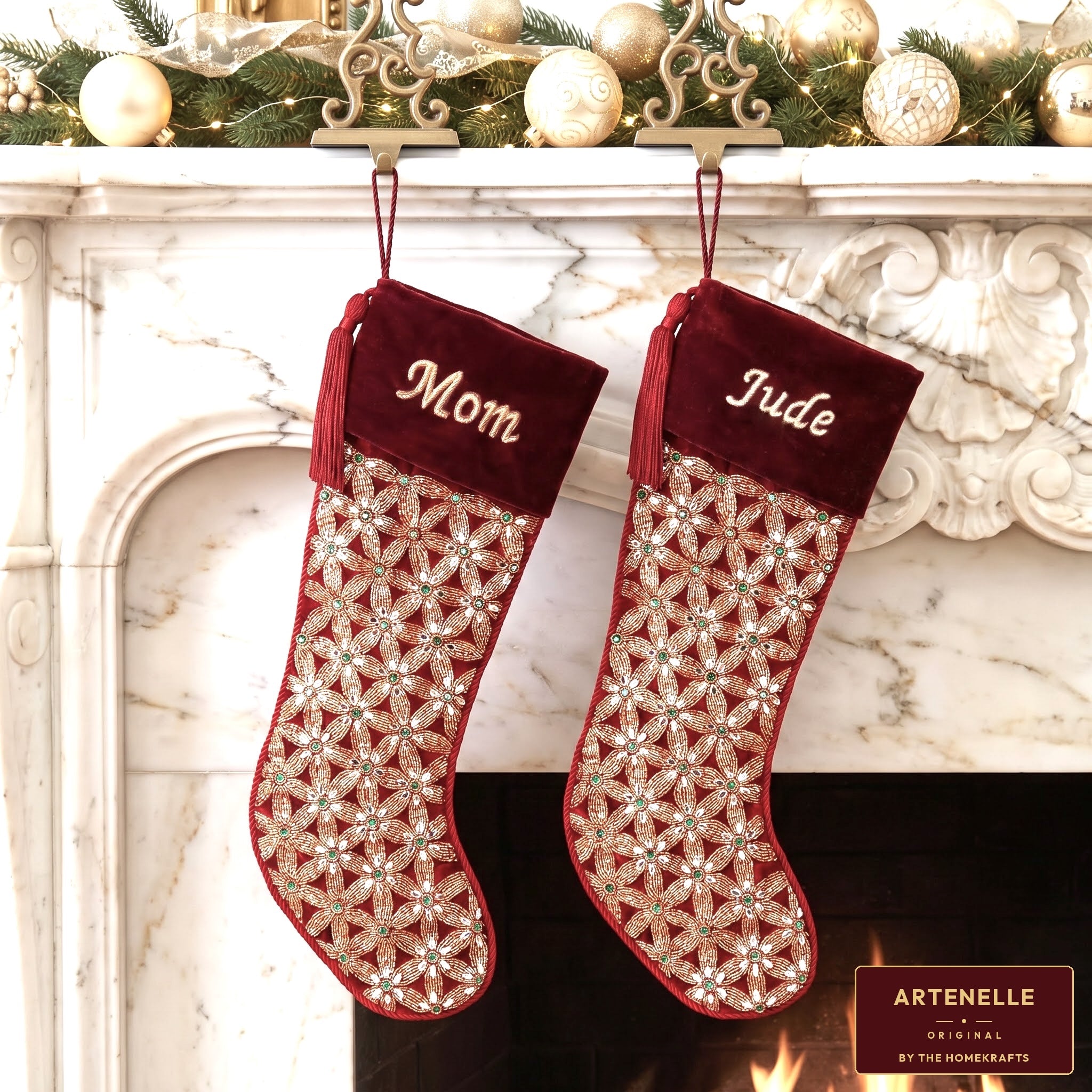 PERSONALISED Holiday Mosaic RED VELVET CHRISTMAS STOCKING
