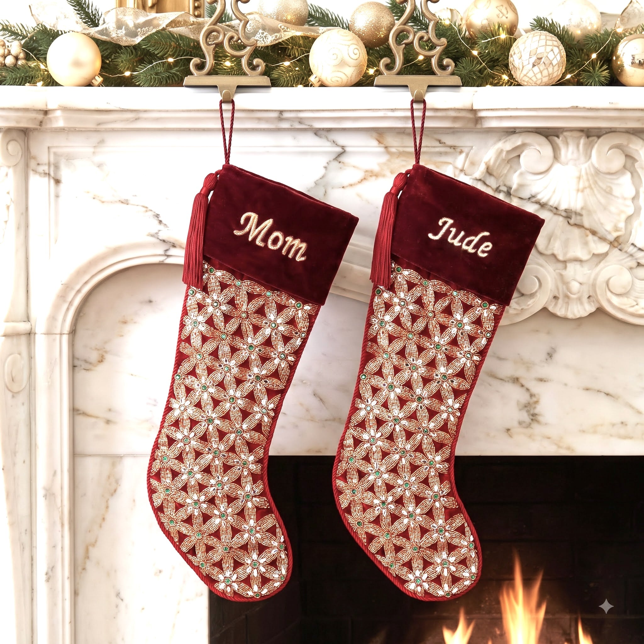 PERSONALISED Holiday Mosaic RED VELVET CHRISTMAS STOCKING