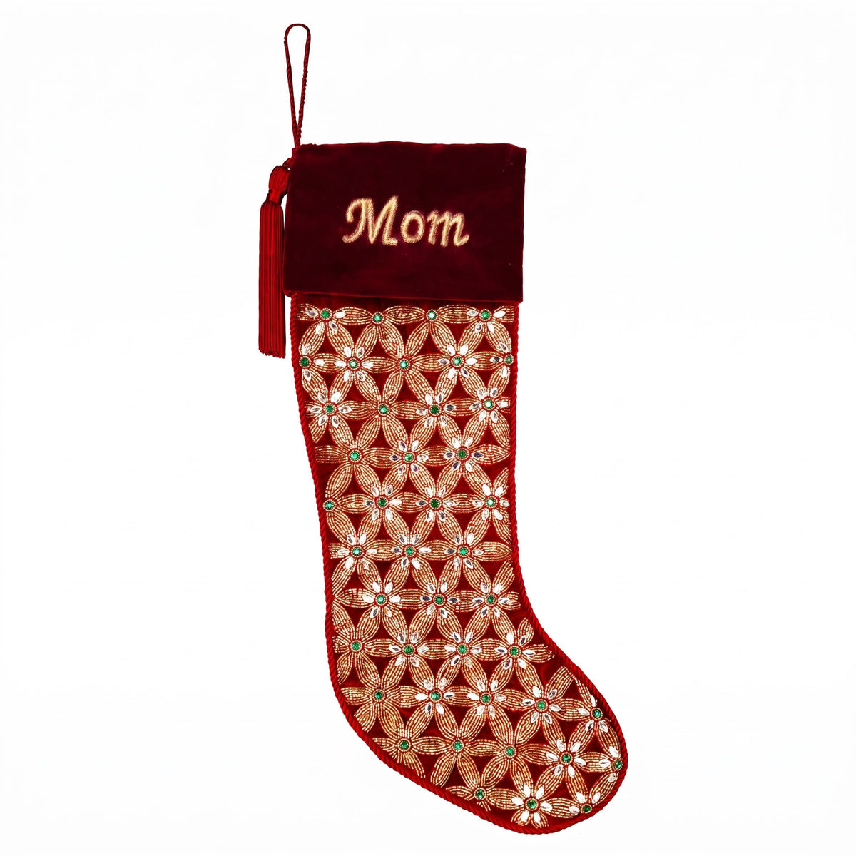 PERSONALISED Holiday Mosaic RED VELVET CHRISTMAS STOCKING