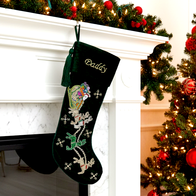PERSONALISED SANTA CARRIAGE GREEN VELVET CHRISTMAS STOCKING