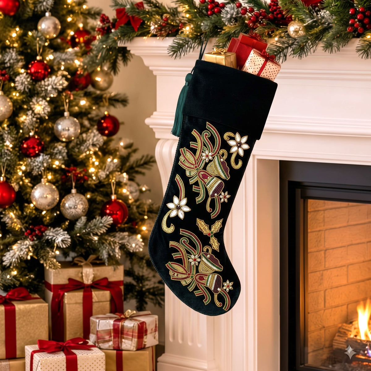 PERSONALISED CHRISTMAS BELLS EMBROIDED GREEN VELVET CHRISTMAS STOCKING