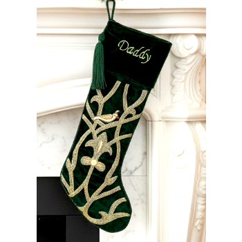 PERSONALISED Partridge Bird Green VELVET CHRISTMAS STOCKING
