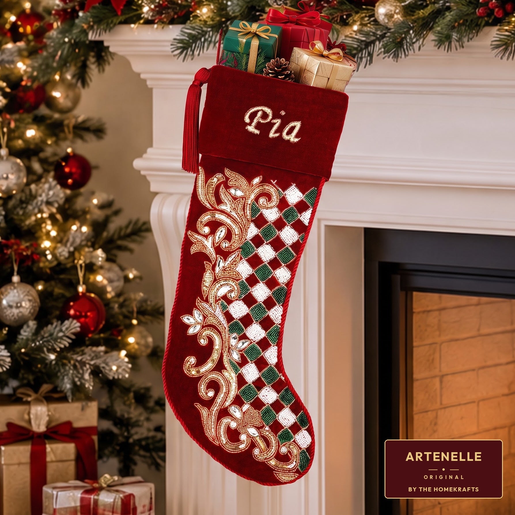 Personalized Holly leaves beaded Red Velvet Christmas stocking