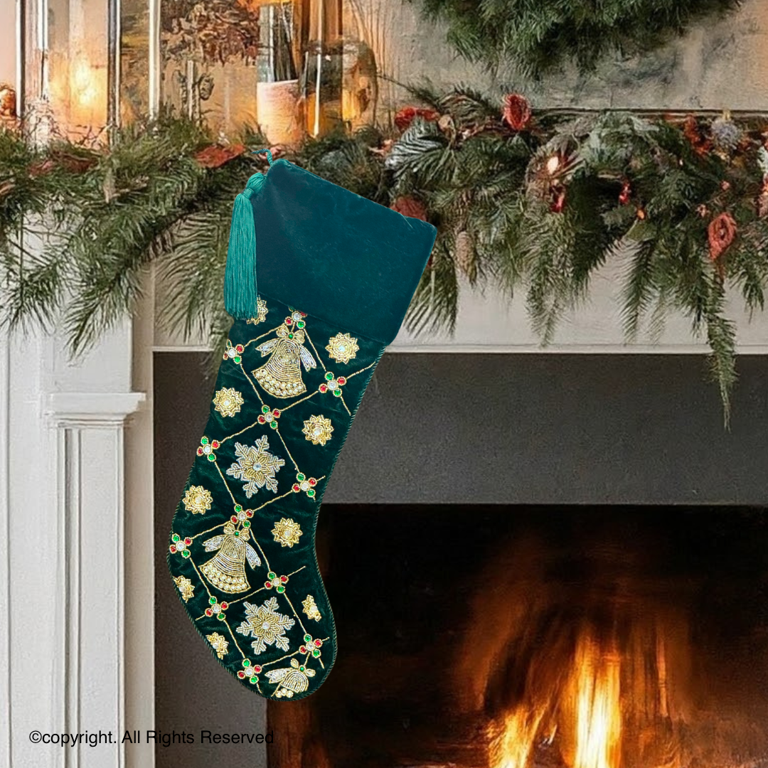 PERSONALISED JINGLE BELL AND SNOWFLAKE MAGIC GREEN VELVET CHRISTMAS STOCKING