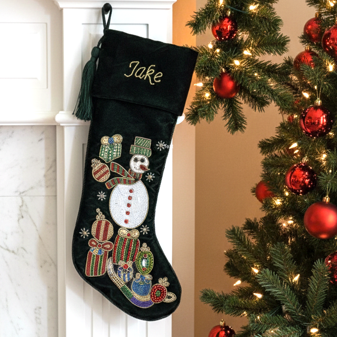PERSONALISED SNOWMAN GREEN VELVET CHRISTMAS STOCKING