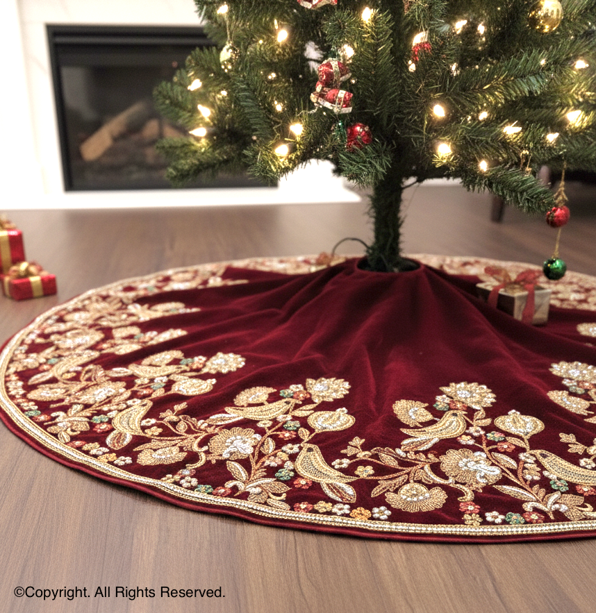 Partridge Noël SongBird Red Velvet Christmas Tree Skirt