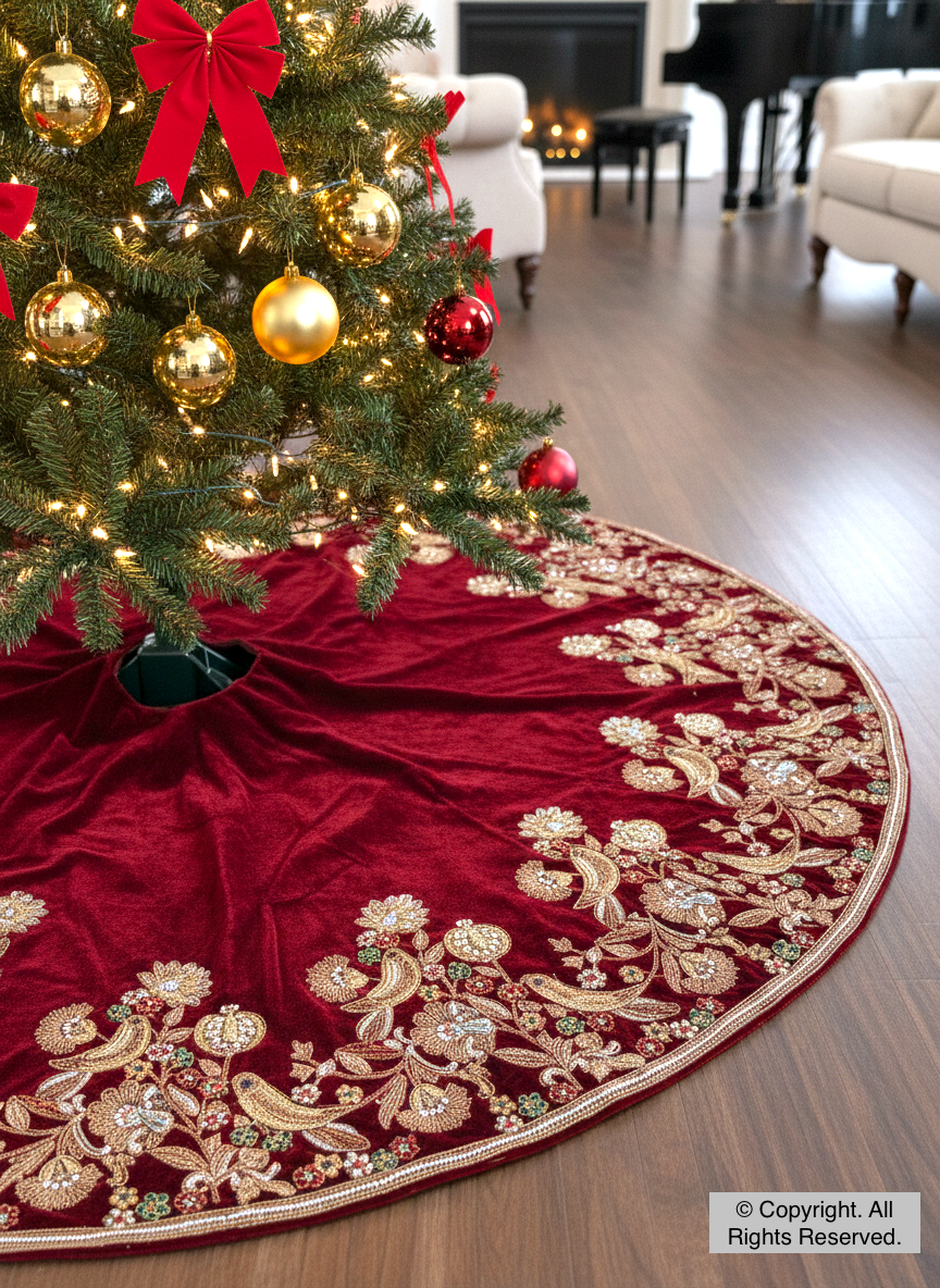 Partridge Noël SongBird Red Velvet Christmas Tree Skirt