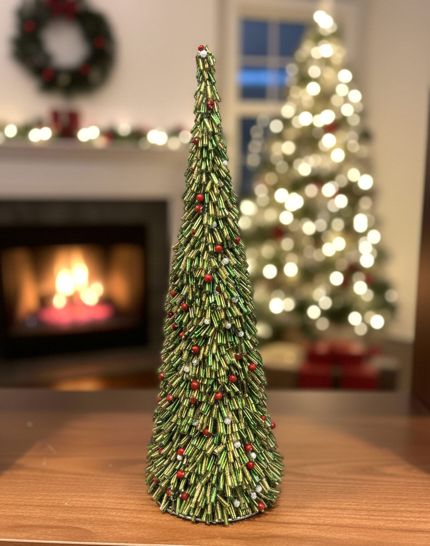 Christmas Cone 18" , green & Golden HANDMADE BEADED christmas cone
