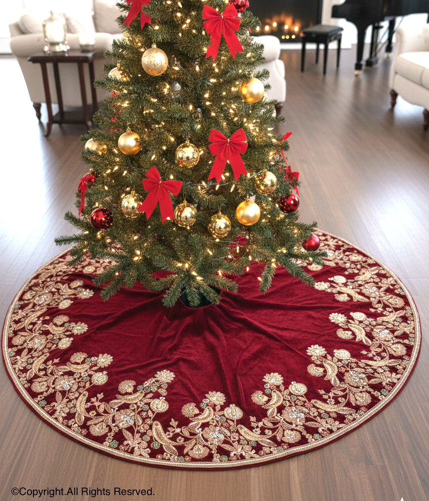Partridge Noël SongBird Red Velvet Christmas Tree Skirt