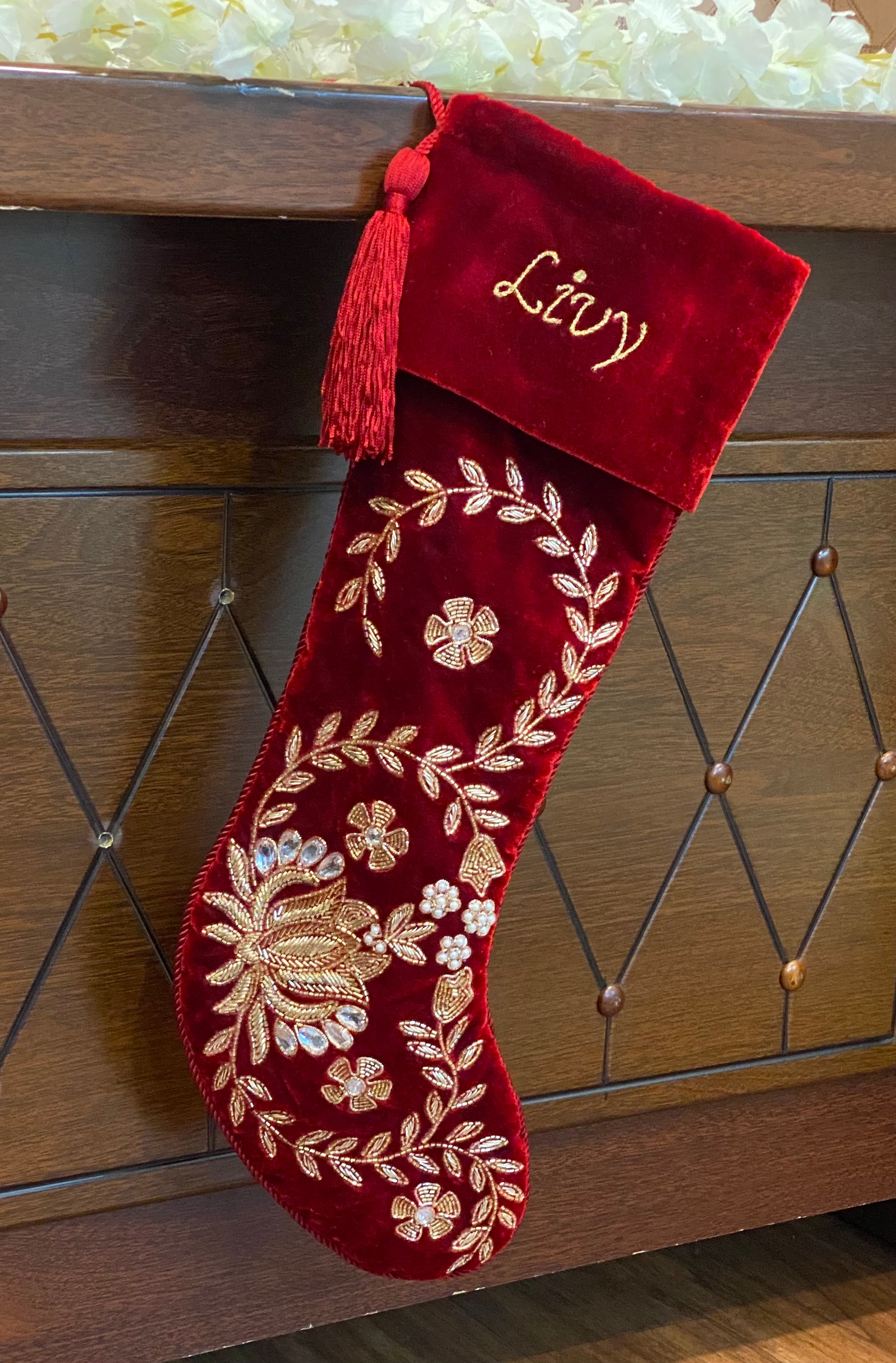 PERSONALISED BEADED LOTUS RED VELVET CHRISTMAS STOCKING