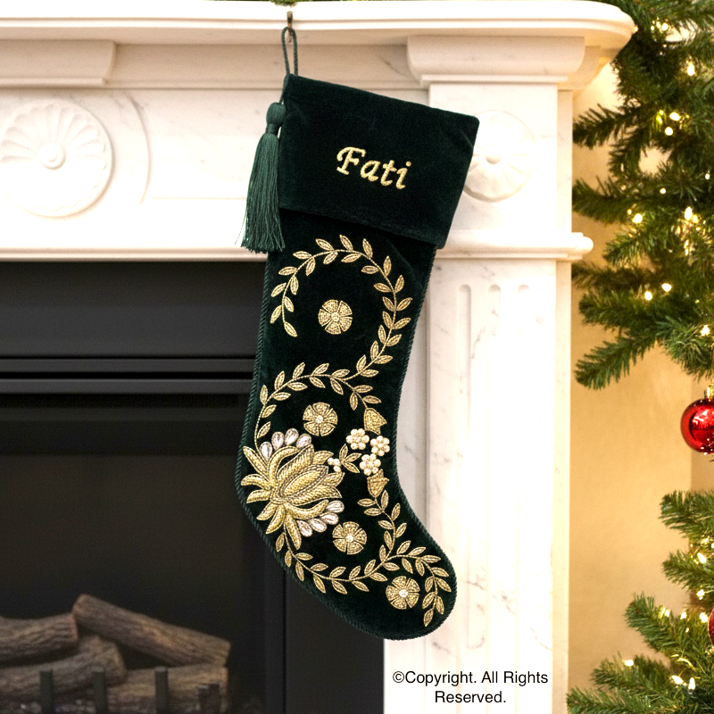 PERSONALISED LOTUS GREEN VELVET CHRISTMAS STOCKING