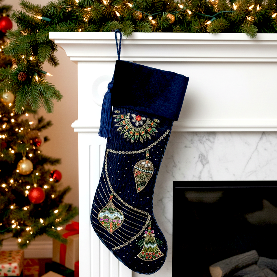 Decorative blue Christmas stocking with Ornament designs hanging on a fireplace mantle.