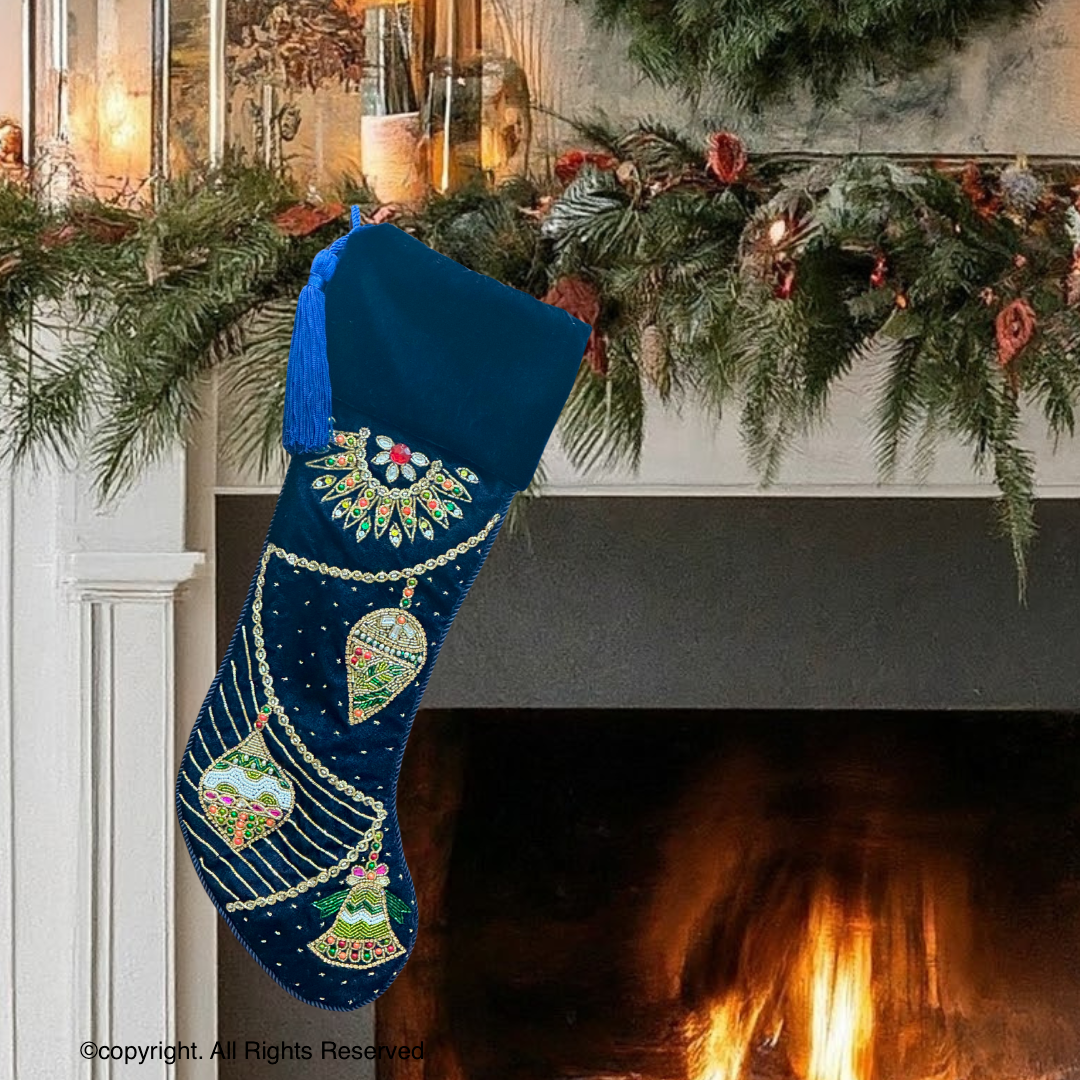 PERSONALISED ORNAMENT CHARM NAVY BLUE VELVET CHRISTMAS STOCKING