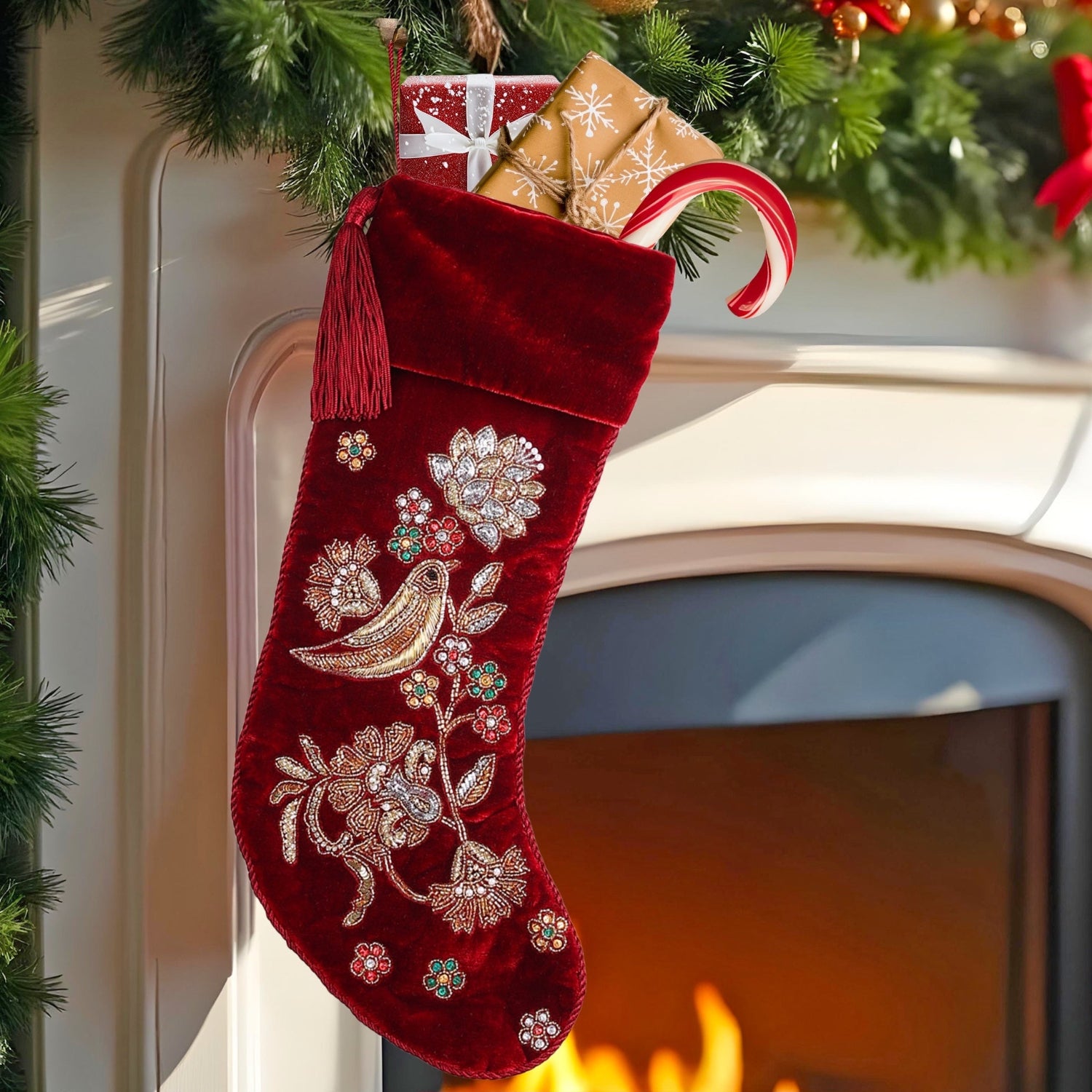 Decorative red Christmas stocking with patridge birl noel song patterns hanging by a fireplace.