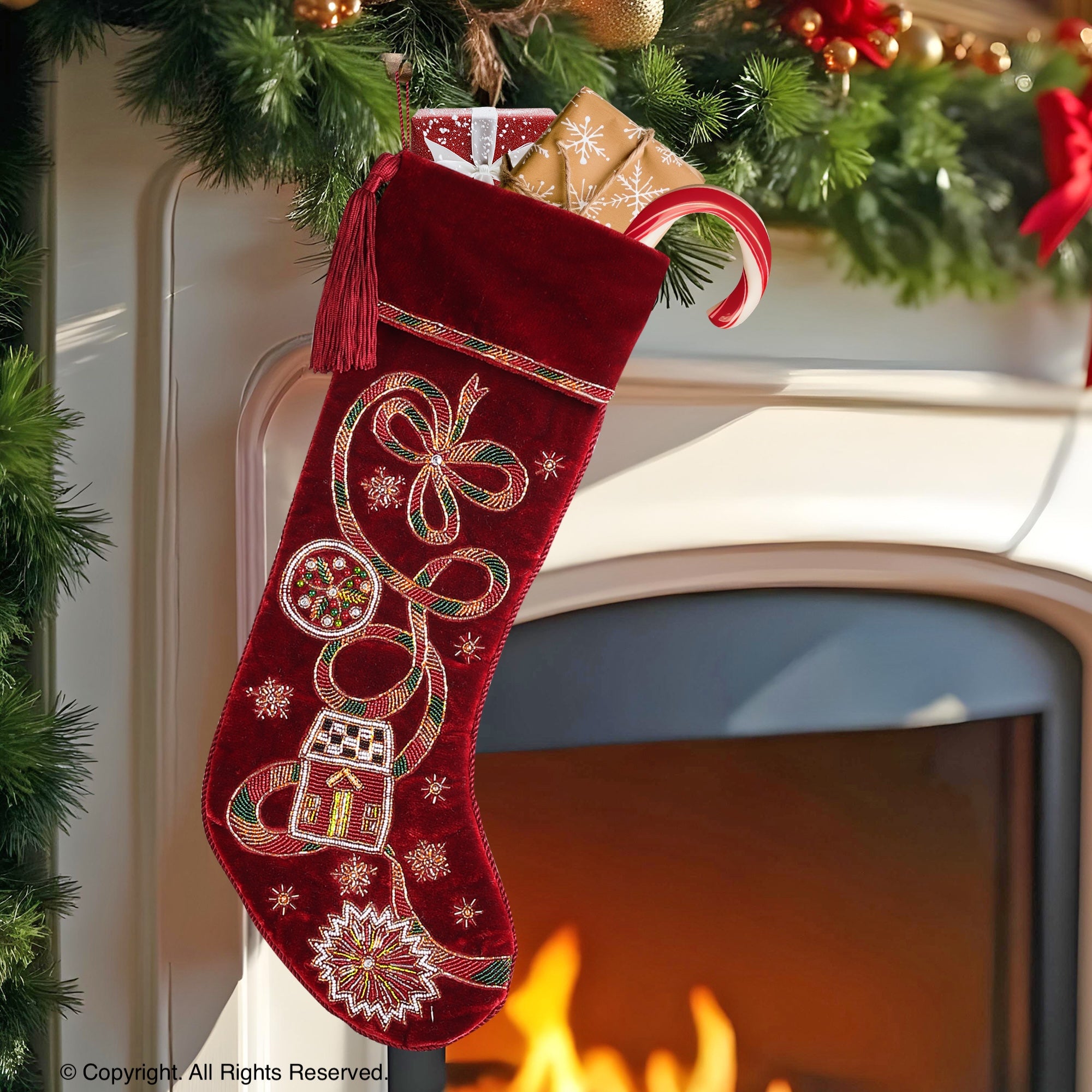 PERSONALISED HOLIDAY RIBBON RED VELVET CHRISTMAS STOCKING