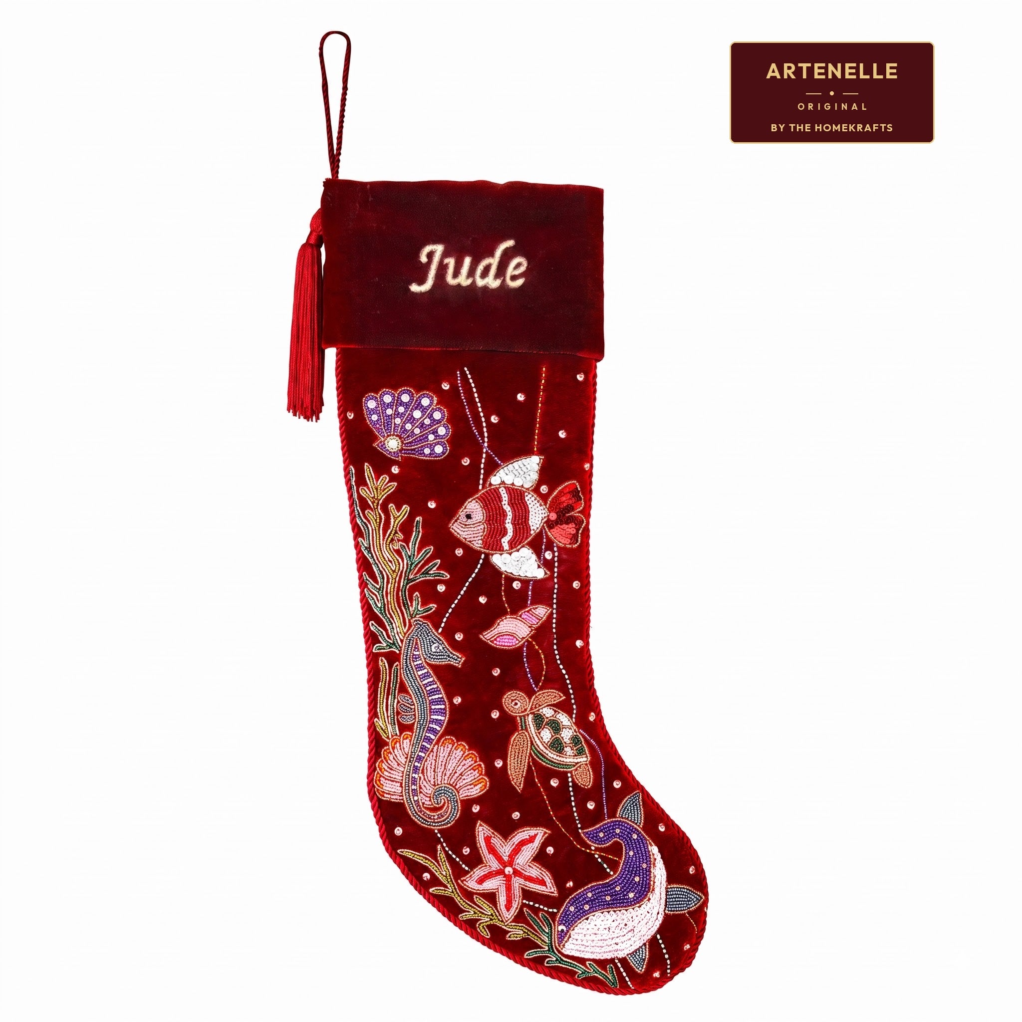Personalized Beaded Ocean Red Velvet Christmas Stocking
