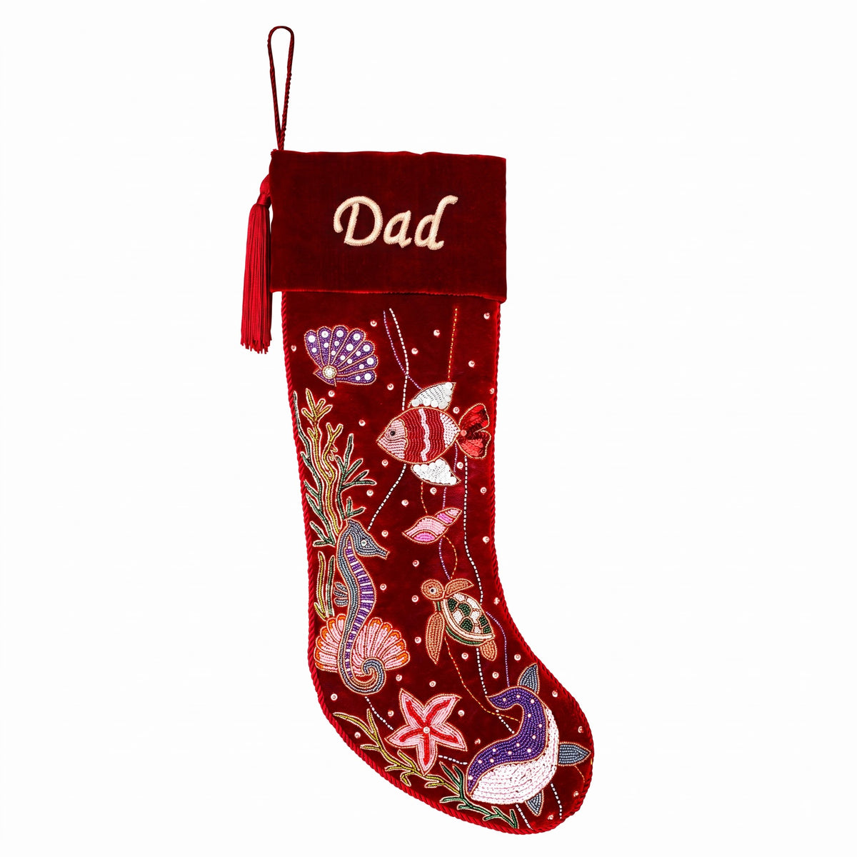 Personalized Beaded Ocean Red Velvet Christmas Stocking